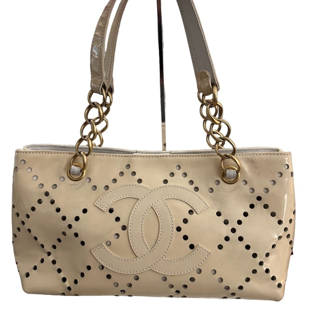 Chanel Perforated Patent CC Crème Tote, Small- Preloved Condition